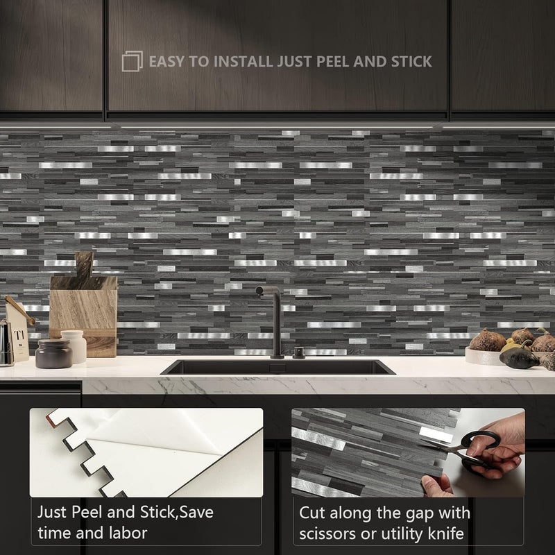 Midcard 20 Sheets Peel and Stick Backsplash, Black Grey Wood Look PVC Mixed Metal Stick on Backsplash Tiles for Kitchen - Image 5